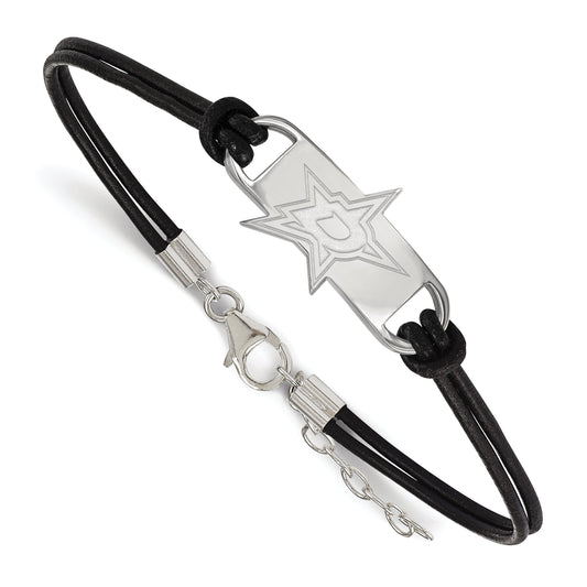 Sterling Silver Rhodium Plated Nhl Logoart Dallas Stars Small Center Black Leather 7 Inch Bracelet With Extender