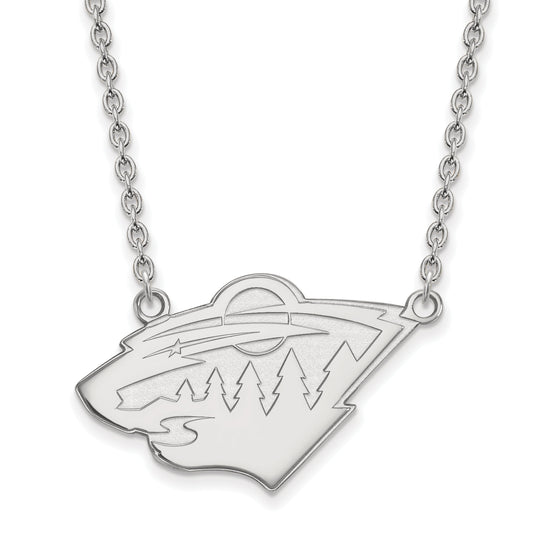 Sterling Silver Rhodium Plated Nhl Logoart Minnesota Wild Large Pendant 18 Inch Necklace