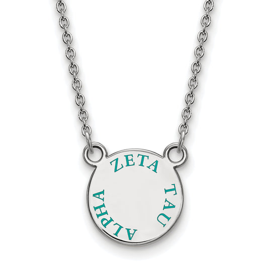 Sterling Silver Rhodium Plated Logoart Zeta Tau Alpha Sorority Text Small Color Enamel Pendant 18 Inch Necklace