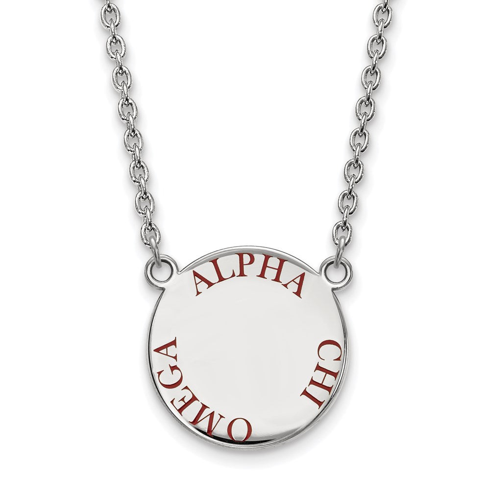 Sterling Silver Rhodium Plated Logoart Alpha Chi Omega Sorority Text Large Color Enamel Pendant 18 Inch Necklace