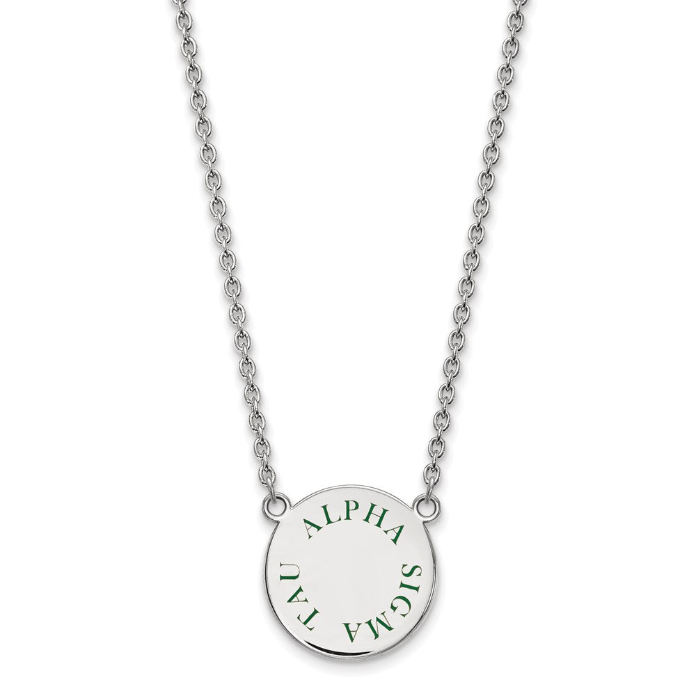 Sterling Silver Rhodium Plated Logoart Alpha Sigma Tau Sorority Text Large Color Enamel Pendant 18 Inch Necklace