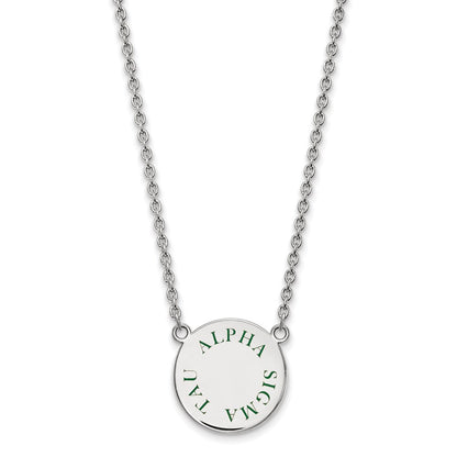 Sterling Silver Rhodium Plated Logoart Alpha Sigma Tau Sorority Text Large Color Enamel Pendant 18 Inch Necklace