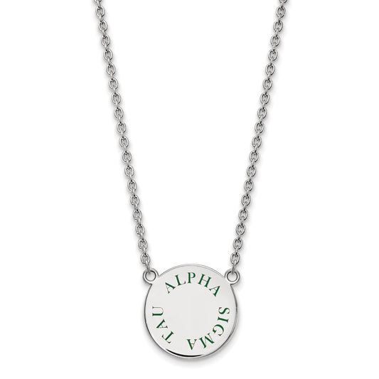 Sterling Silver Rhodium Plated Logoart Alpha Sigma Tau Sorority Text Large Color Enamel Pendant 18 Inch Necklace