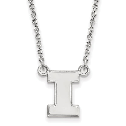 Sterling Silver Rhodium Plated Logoart University Of Illinois Letter I Small Pendant 18 Inch Necklace