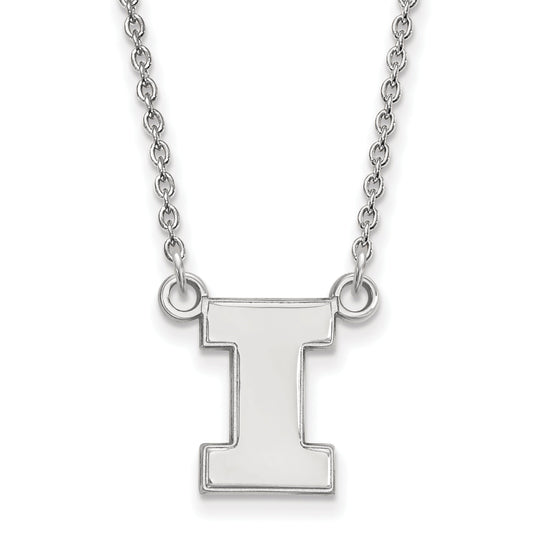 Sterling Silver Rhodium Plated Logoart University Of Illinois Letter I Small Pendant 18 Inch Necklace