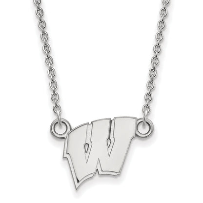 Sterling Silver Rhodium Plated Logoart University Of Wisconsin Letter W Small Pendant 18 Inch Necklace