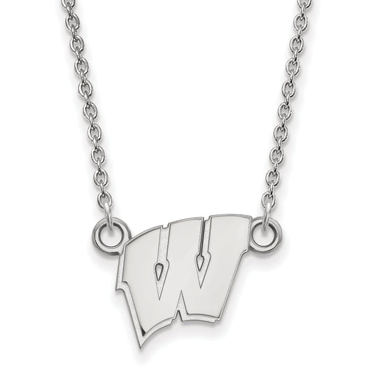 Sterling Silver Rhodium Plated Logoart University Of Wisconsin Letter W Small Pendant 18 Inch Necklace