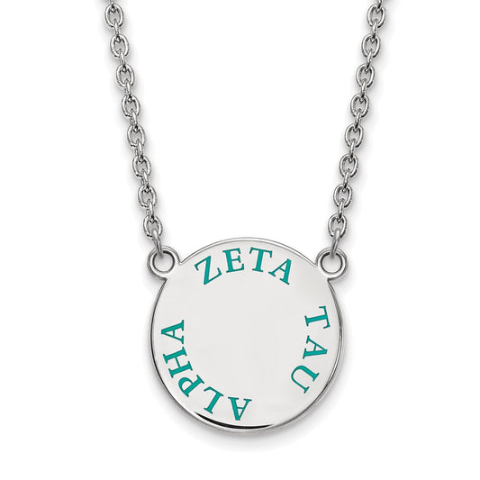 Sterling Silver Rhodium Plated Logoart Zeta Tau Alpha Sorority Text Large Color Enamel Pendant 18 Inch Necklace