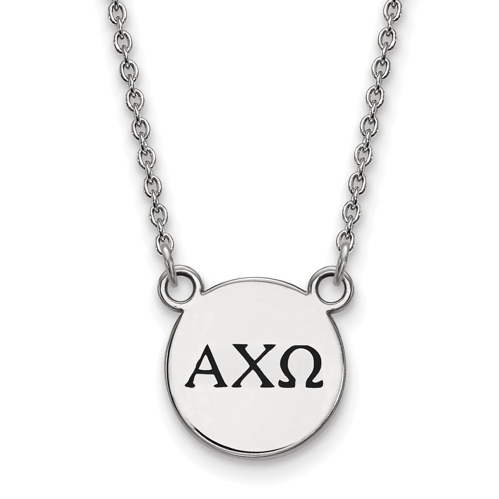 Sterling Silver Rhodium Plated Logoart Alpha Chi Omega Sorority Greek Letters Small Black Enamel Pendant 18 Inch Necklace