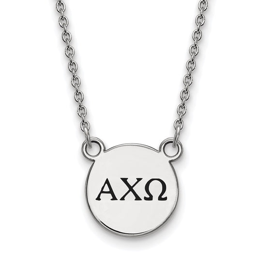 Sterling Silver Rhodium Plated Logoart Alpha Chi Omega Sorority Greek Letters Small Black Enamel Pendant 18 Inch Necklace