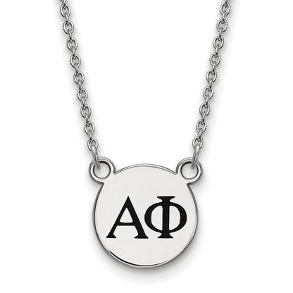Sterling Silver Rhodium Plated Logoart Alpha Phi Sorority Greek Letters Small Black Enamel Pendant 18 Inch Necklace