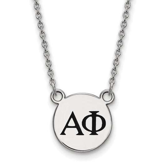 Sterling Silver Rhodium Plated Logoart Alpha Phi Sorority Greek Letters Small Black Enamel Pendant 18 Inch Necklace