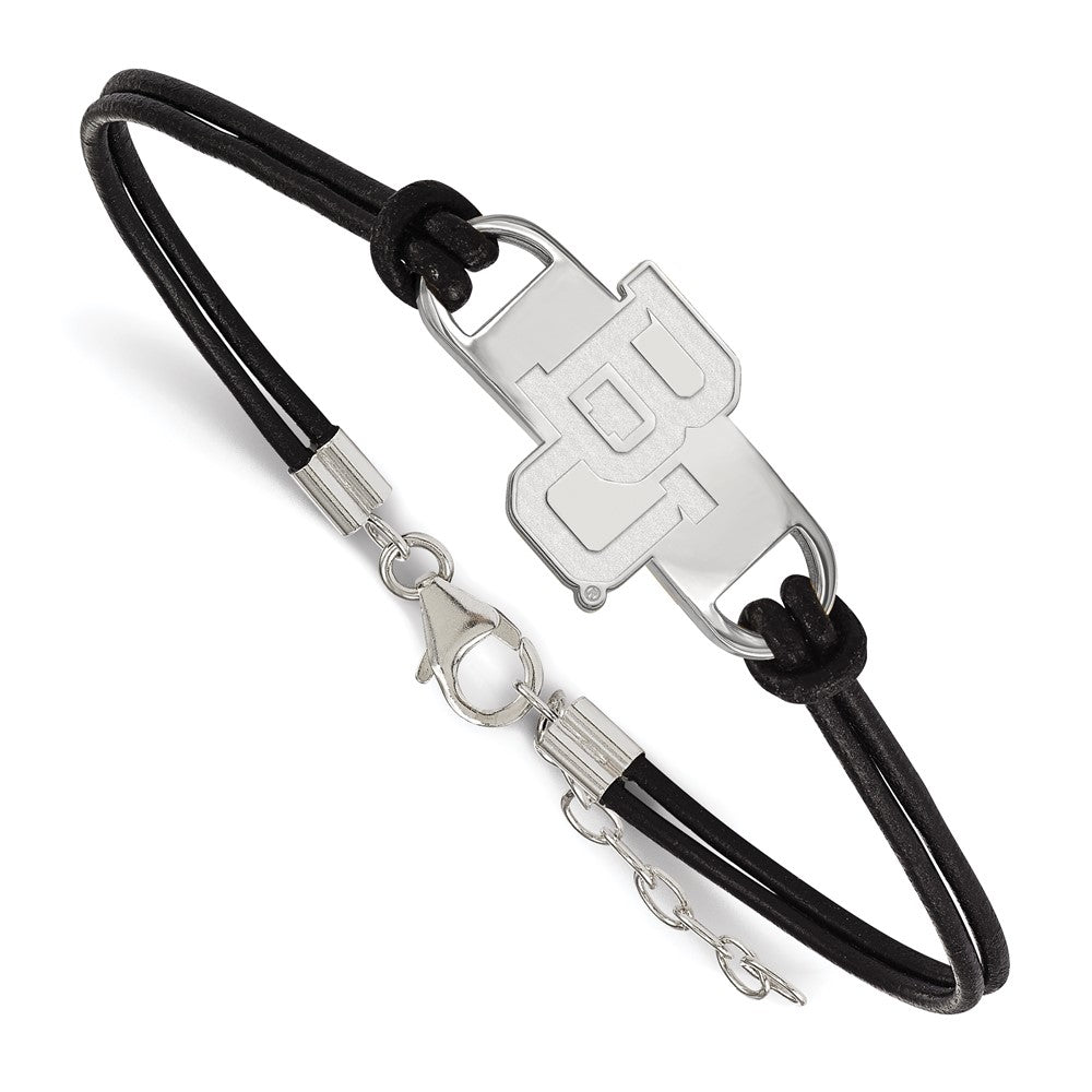 Sterling Silver Rhodium Plated Logoart Baylor University Bears Small Center Black Leather 7 Inch Bracelet With Extender