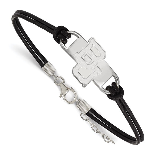 Sterling Silver Rhodium Plated Logoart Baylor University Bears Small Center Black Leather 7 Inch Bracelet With Extender