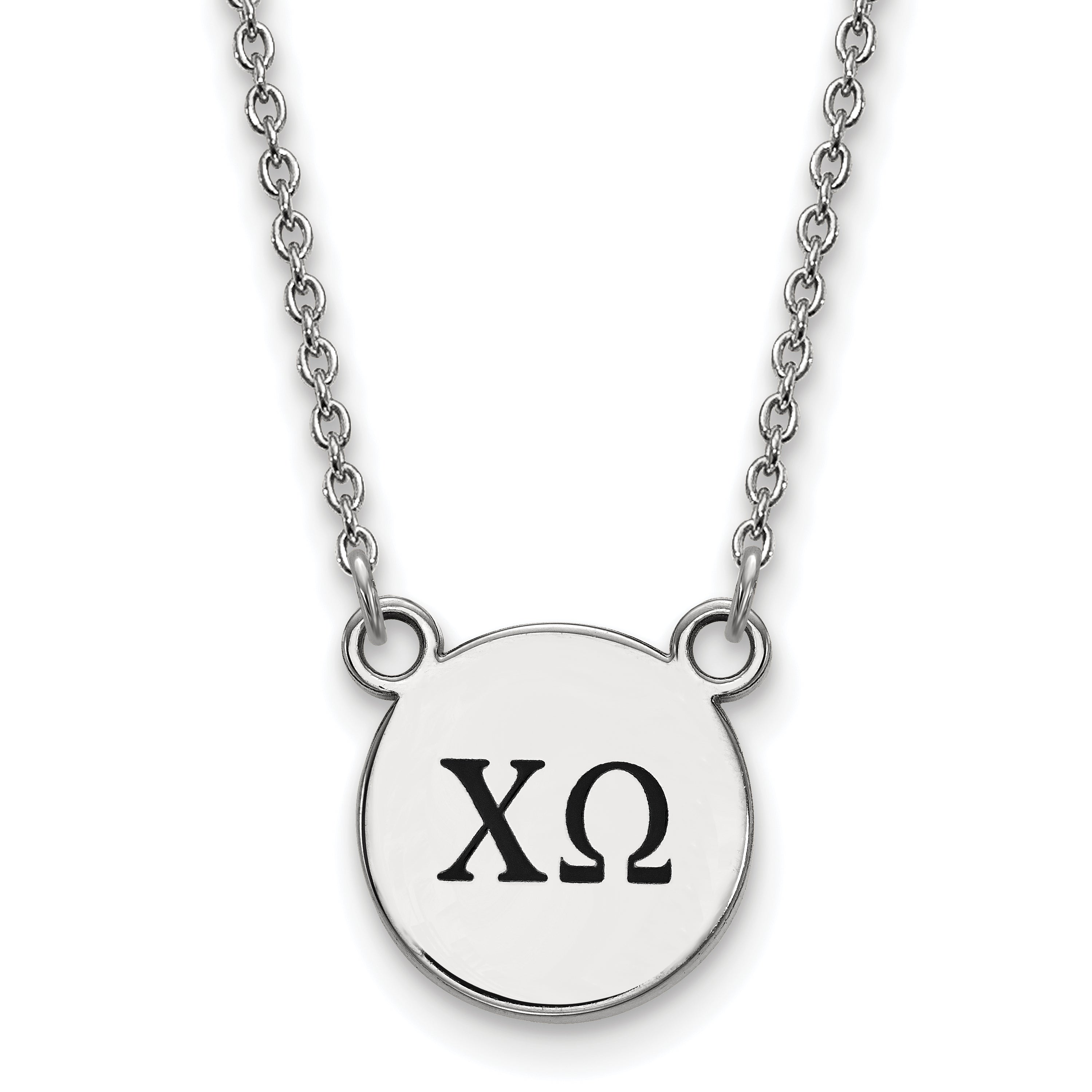 Sterling Silver Rhodium Plated Logoart Chi Omega Sorority Greek Letters Small Black Enamel Pendant 18 Inch Necklace