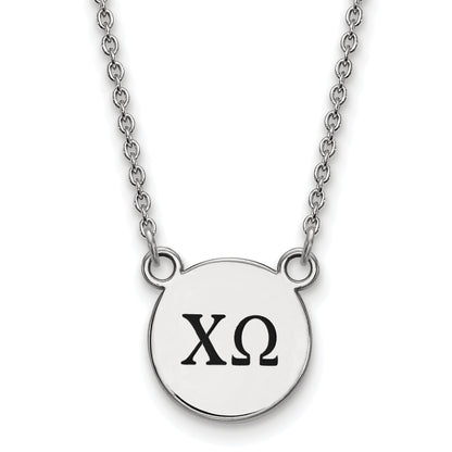 Sterling Silver Rhodium Plated Logoart Chi Omega Sorority Greek Letters Small Black Enamel Pendant 18 Inch Necklace