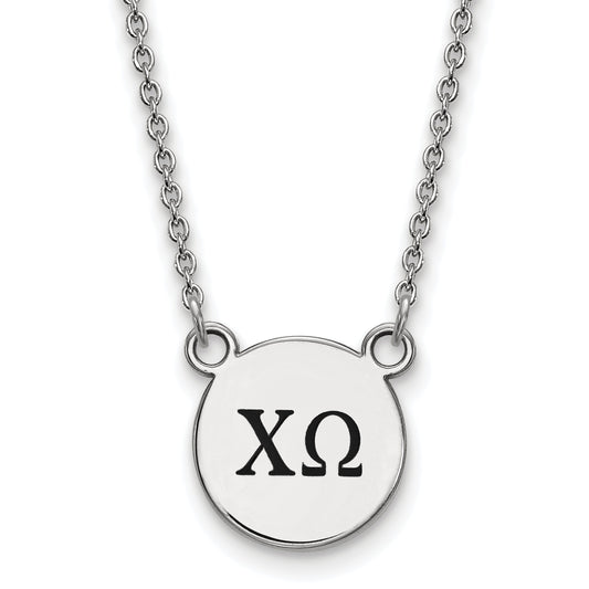 Sterling Silver Rhodium Plated Logoart Chi Omega Sorority Greek Letters Small Black Enamel Pendant 18 Inch Necklace