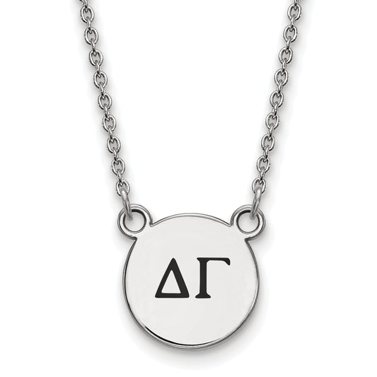 Sterling Silver Rhodium Plated Logoart Delta Gamma Sorority Greek Letters Small Black Enamel Pendant 18 Inch Necklace