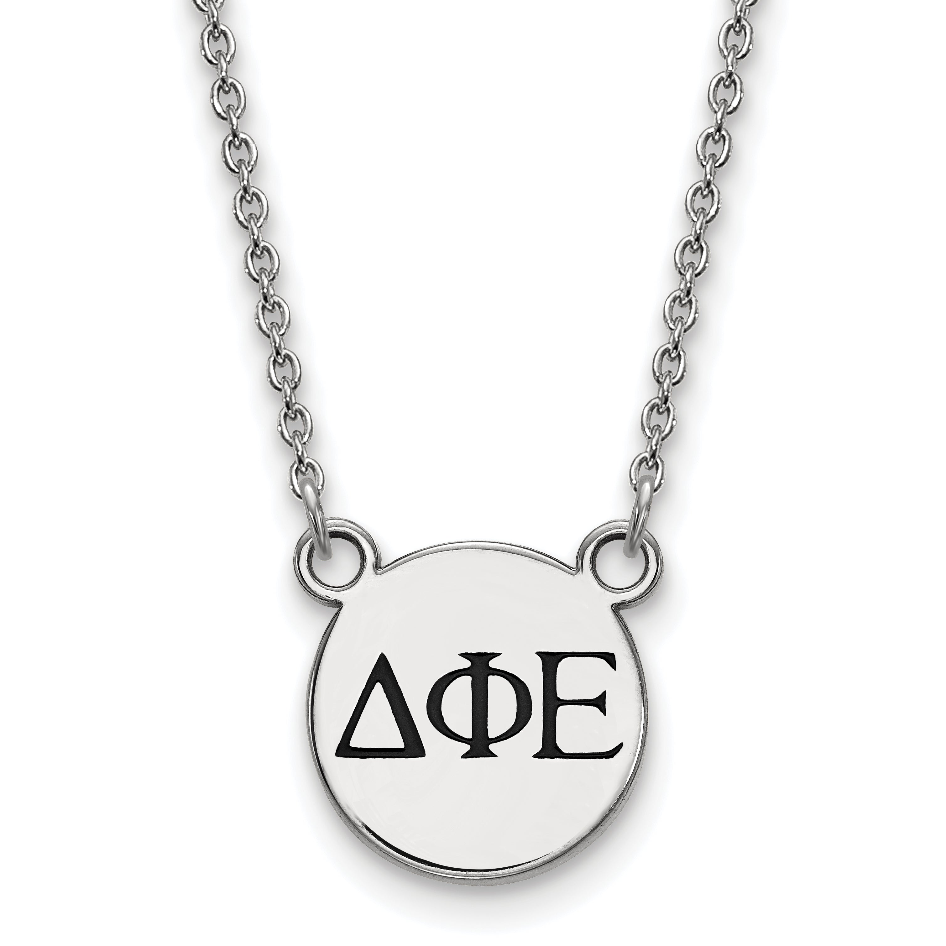 Sterling Silver Rhodium Plated Logoart Delta Phi Epsilon Sorority Greek Letters Small Black Enamel Pendant 18 Inch Necklace