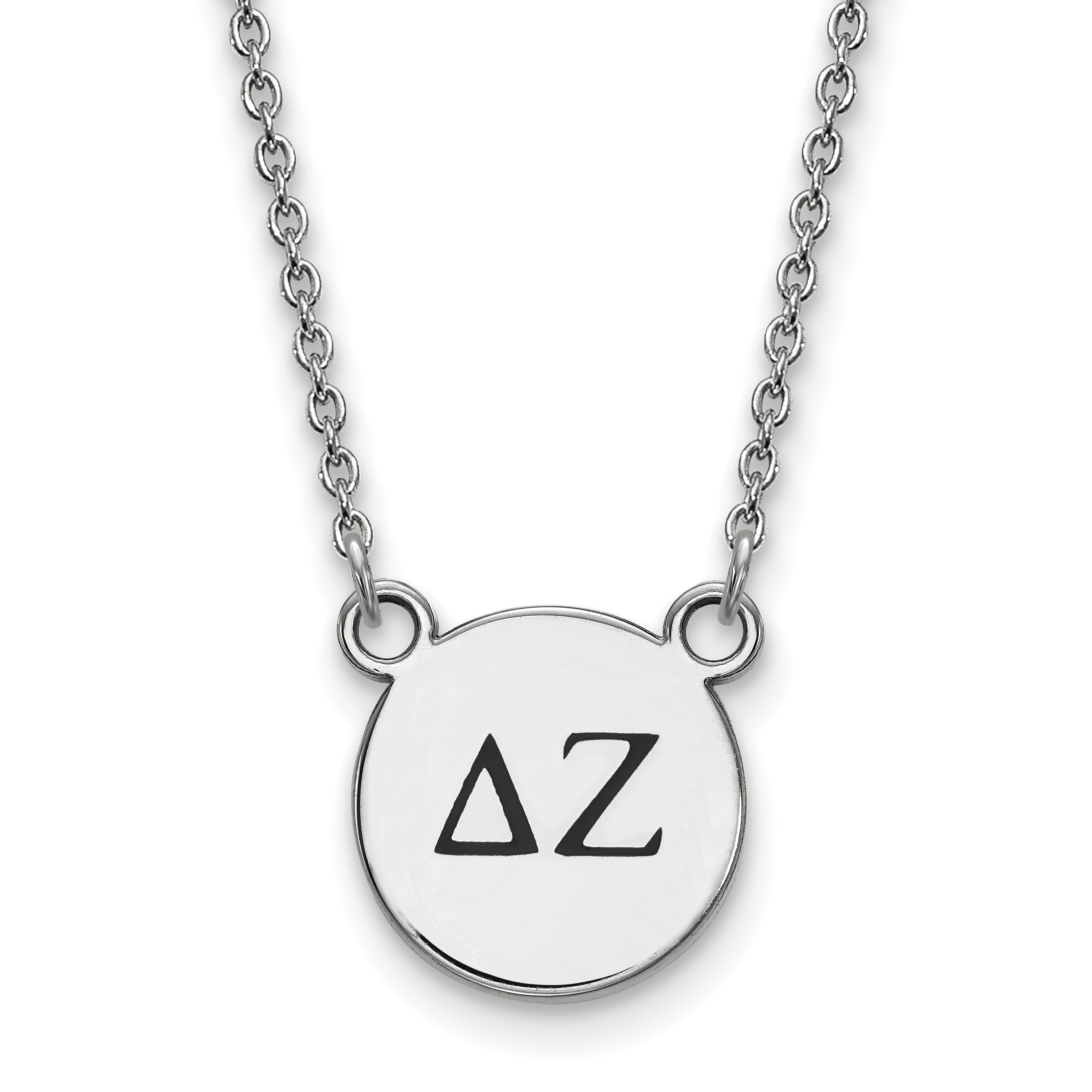 Sterling Silver Rhodium Plated Logoart Delta Zeta Sorority Greek Letters Small Black Enamel Pendant 18 Inch Necklace