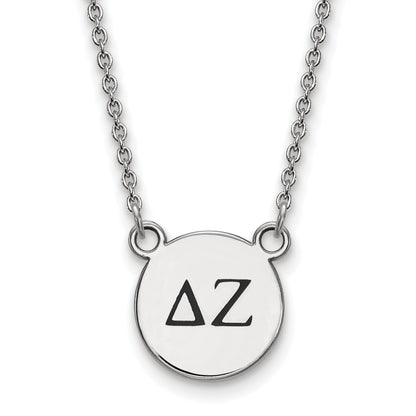 Sterling Silver Rhodium Plated Logoart Delta Zeta Sorority Greek Letters Small Black Enamel Pendant 18 Inch Necklace