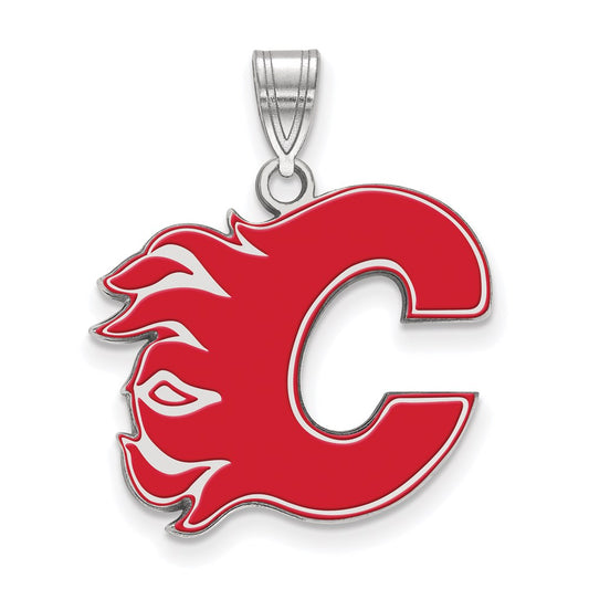 Sterling Silver Rhodium Plated Nhl Logoart Calgary Flames Letter C Large Enameled Pendant