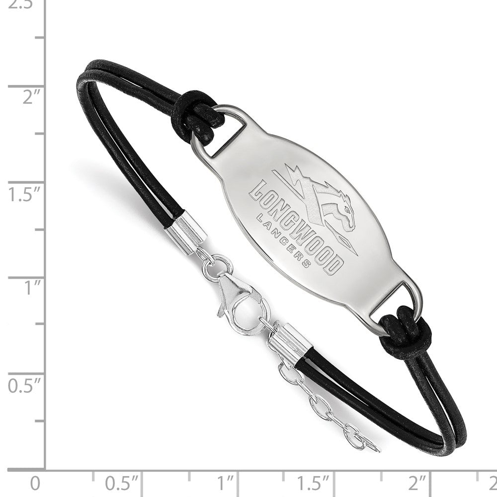 Sterling Silver Rhodium Plated Logoart Longwood University Lancers Black Leather 7 Inch Bracelet With Extender