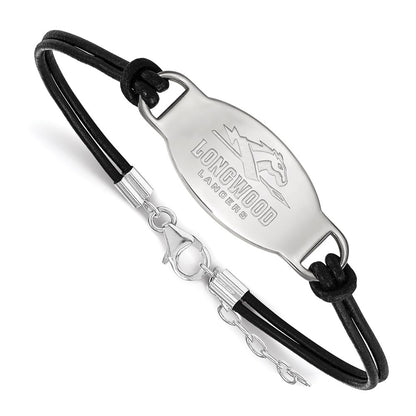 Sterling Silver Rhodium Plated Logoart Longwood University Lancers Black Leather 7 Inch Bracelet With Extender