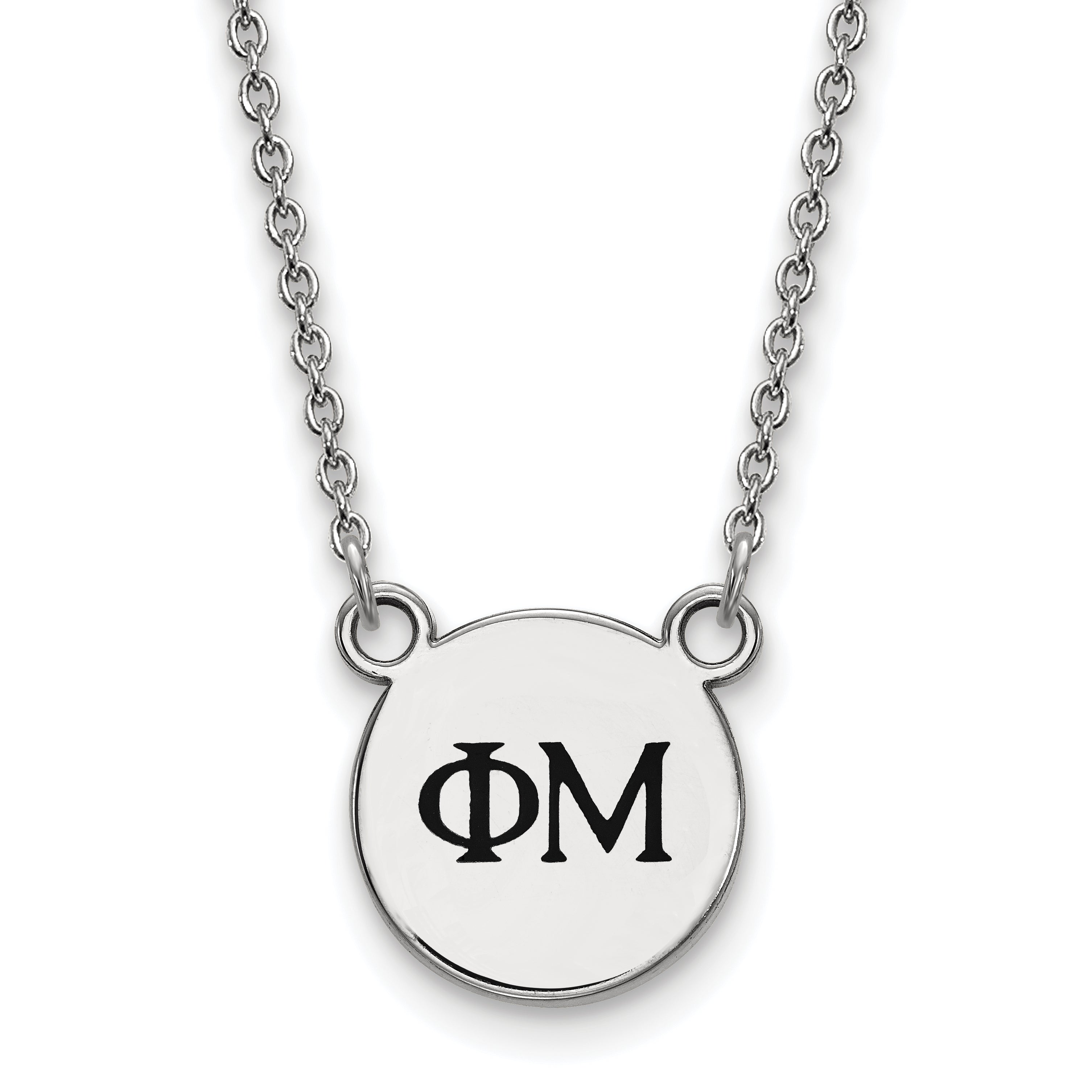 Sterling Silver Rhodium Plated Logoart Phi Mu Sorority Greek Letters Extra Small Black Enamel Pendant 18 Inch Necklace