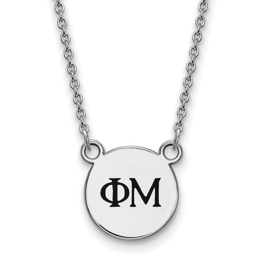 Sterling Silver Rhodium Plated Logoart Phi Mu Sorority Greek Letters Extra Small Black Enamel Pendant 18 Inch Necklace