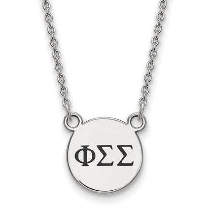 Sterling Silver Rhodium Plated Logoart Phi Sigma Sorority Greek Letters Small Black Enamel Pendant 18 Inch Necklace