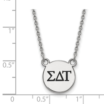 Sterling Silver Rhodium Plated Logoart Sigma Delta Tau Sorority Greek Letters Small Black Enamel Pendant 18 Inch Necklace