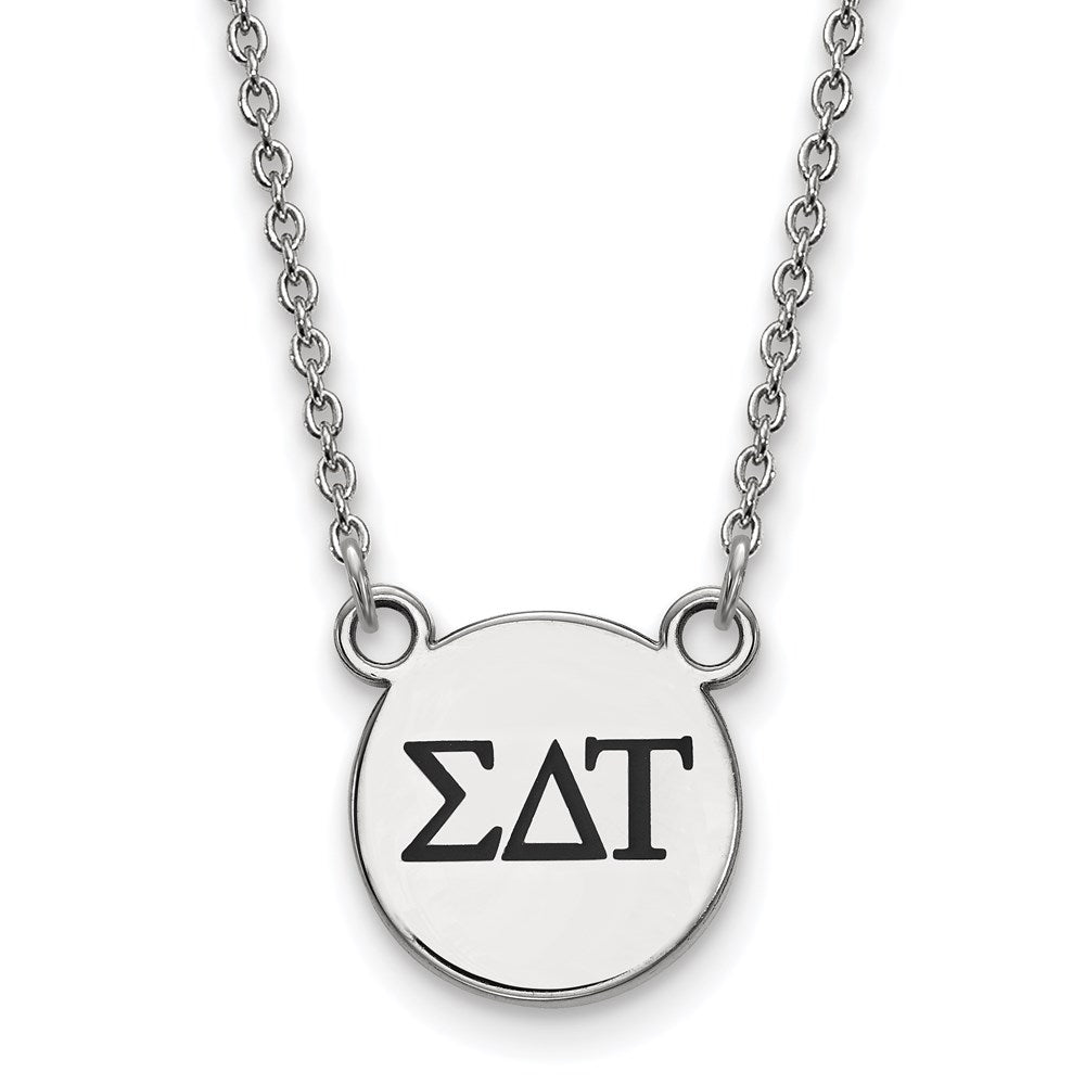 Sterling Silver Rhodium Plated Logoart Sigma Delta Tau Sorority Greek Letters Small Black Enamel Pendant 18 Inch Necklace