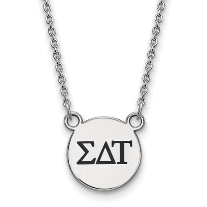 Sterling Silver Rhodium Plated Logoart Sigma Delta Tau Sorority Greek Letters Small Black Enamel Pendant 18 Inch Necklace