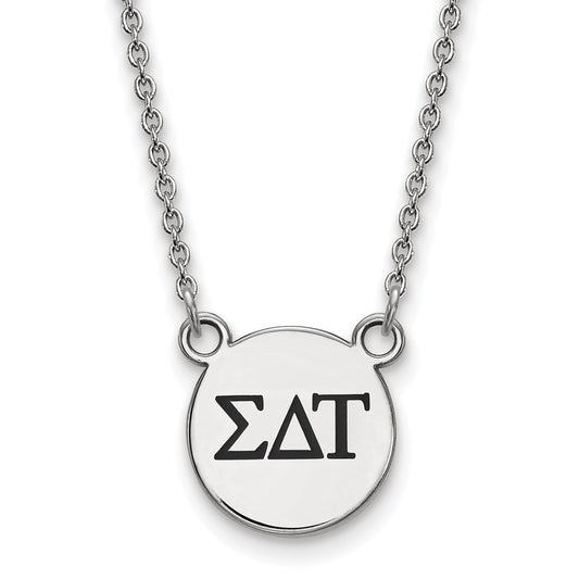 Sterling Silver Rhodium Plated Logoart Sigma Delta Tau Sorority Greek Letters Small Black Enamel Pendant 18 Inch Necklace