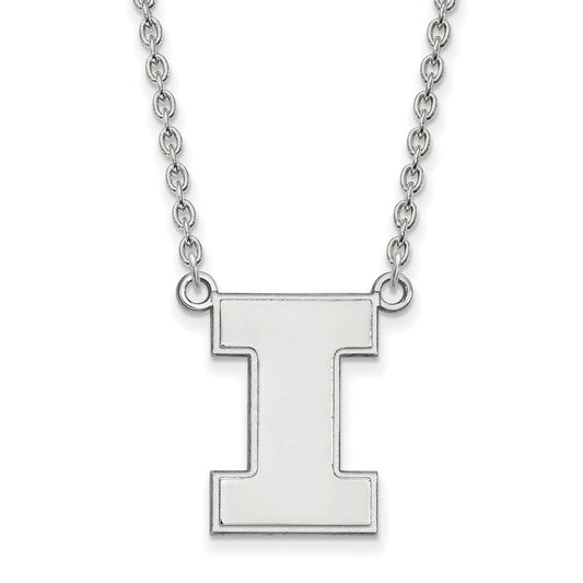 Sterling Silver Rhodium Plated Logoart University Of Illinois Letter I Large Pendant 18 Inch Necklace