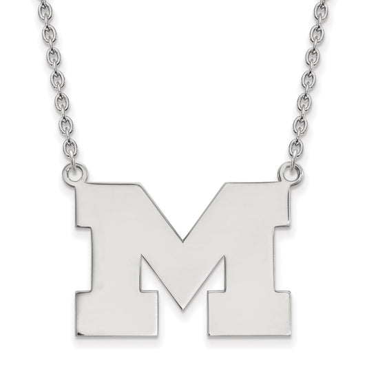 Sterling Silver Rhodium Plated Logoart University Of Michigan Letter M Large Pendant 18 Inch Necklace