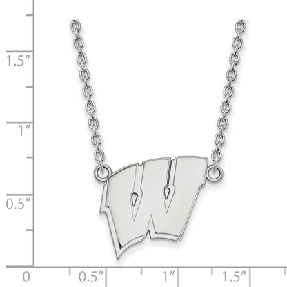 Sterling Silver Rhodium Plated Logoart University Of Wisconsin Letter W Large Pendant 18 Inch Necklace