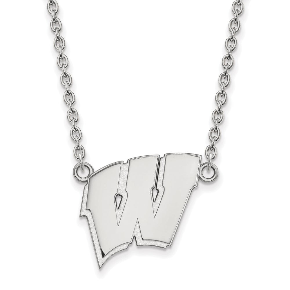 Sterling Silver Rhodium Plated Logoart University Of Wisconsin Letter W Large Pendant 18 Inch Necklace