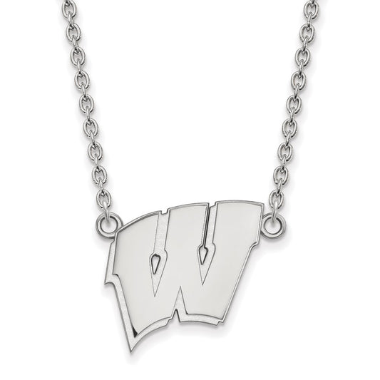 Sterling Silver Rhodium Plated Logoart University Of Wisconsin Letter W Large Pendant 18 Inch Necklace