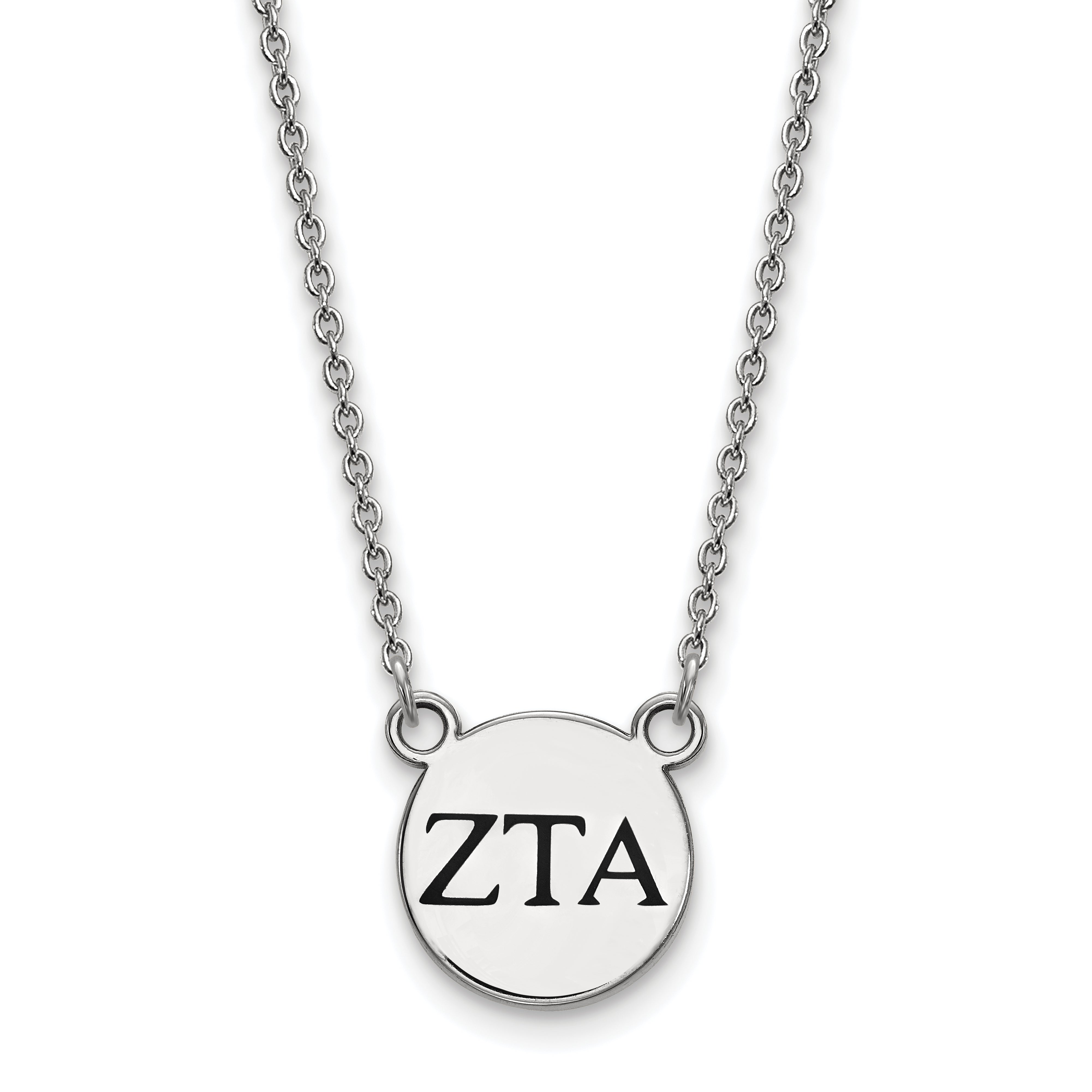 Sterling Silver Rhodium Plated Logoart Zeta Tau Alpha Sorority Greek Letters Small Black Enamel Pendant 18 Inch Necklace