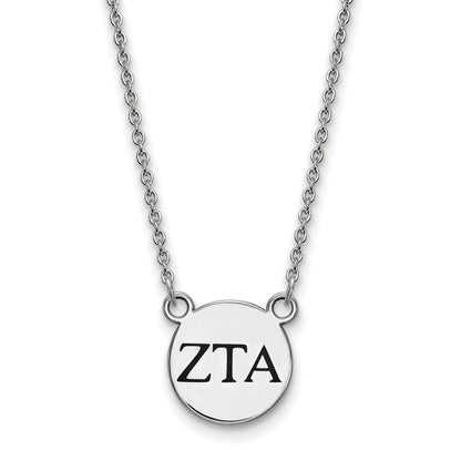 Sterling Silver Rhodium Plated Logoart Zeta Tau Alpha Sorority Greek Letters Small Black Enamel Pendant 18 Inch Necklace
