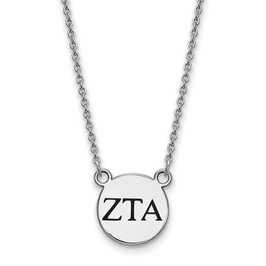 Sterling Silver Rhodium Plated Logoart Zeta Tau Alpha Sorority Greek Letters Small Black Enamel Pendant 18 Inch Necklace