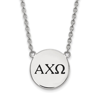 Sterling Silver Rhodium Plated Logoart Alpha Chi Omega Sorority Greek Letters Large Black Enamel Pendant 18 Inch Necklace