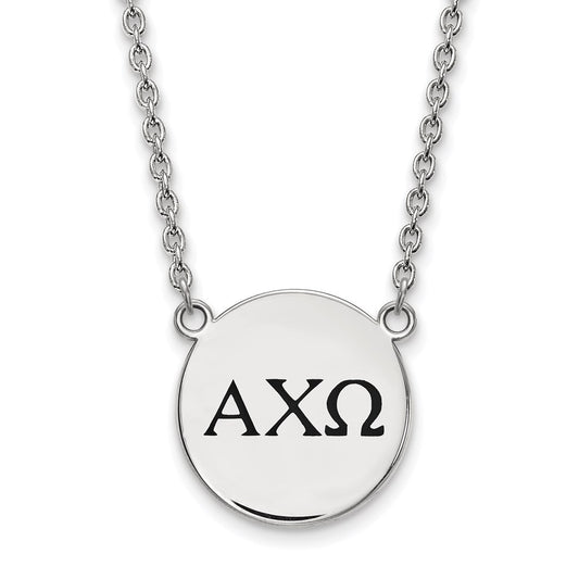 Sterling Silver Rhodium Plated Logoart Alpha Chi Omega Sorority Greek Letters Large Black Enamel Pendant 18 Inch Necklace
