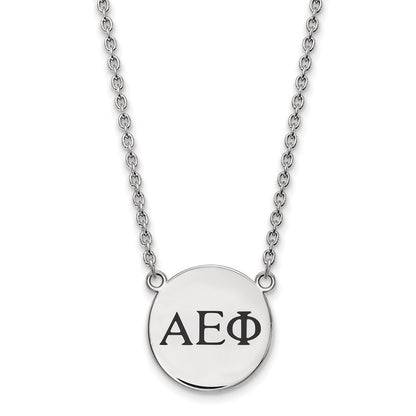 Sterling Silver Rhodium Plated Logoart Alpha Epsilon Phi Sorority Greek Letters Small Black Enamel Pendant 18 Inch Necklace