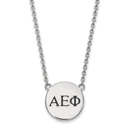 Sterling Silver Rhodium Plated Logoart Alpha Epsilon Phi Sorority Greek Letters Small Black Enamel Pendant 18 Inch Necklace