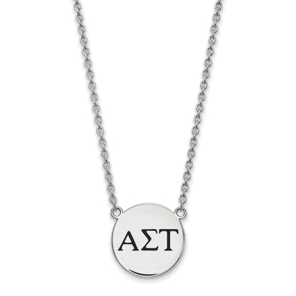 Sterling Silver Rhodium Plated Logoart Alpha Sigma Tau Sorority Greek Letters Large Black Enamel Pendant 18 Inch Necklace