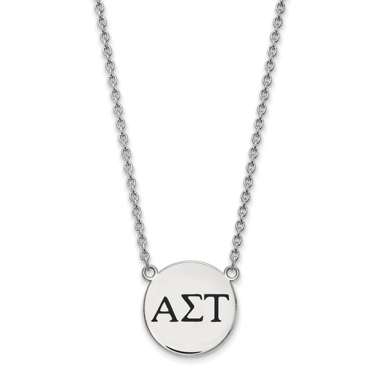 Sterling Silver Rhodium Plated Logoart Alpha Sigma Tau Sorority Greek Letters Large Black Enamel Pendant 18 Inch Necklace