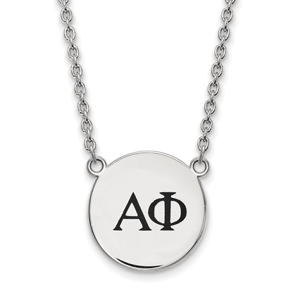 Sterling Silver Rhodium Plated Logoart Alpha Phi Sorority Greek Letters Large Black Enamel Pendant 18 Inch Necklace
